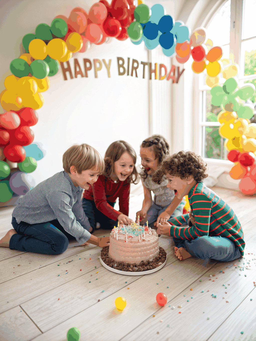 Excited group of children cheering as birthday candles are blown out
