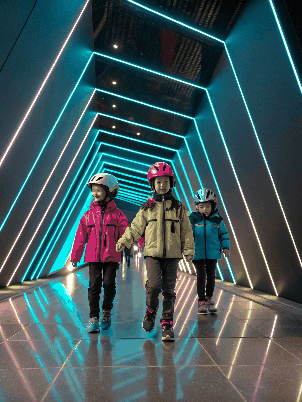 Child completing glowing indoor obstacle course surrounded by friends